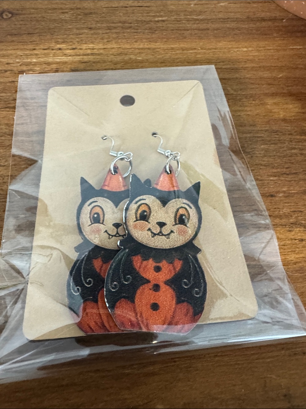Black and Orange Bat Retro Halloween Wooden Earrings
